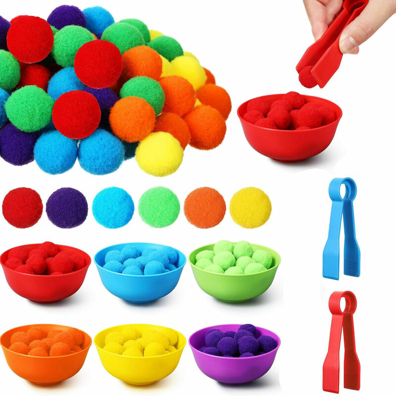 3 year Old  Children's Rainbow Counting Pompoms Toys Sorting Cup Montessori Sensory Toys Preschool Learning Activities Math Toys