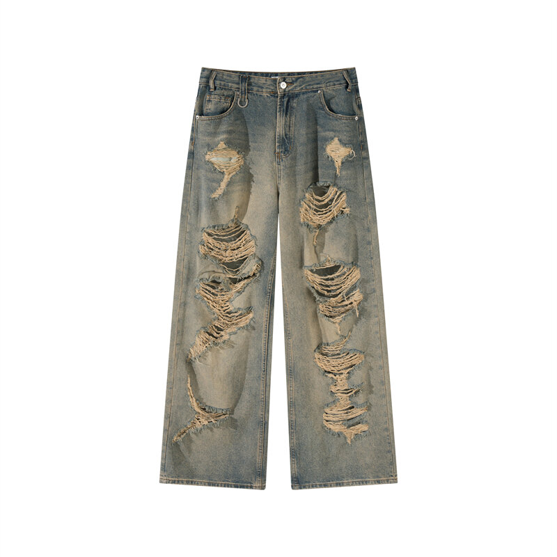 Amerikaanse High Street Wash Gemaakt Oude Losse Rechte Pijpen Gescheurde Vloer Dweil Jeans