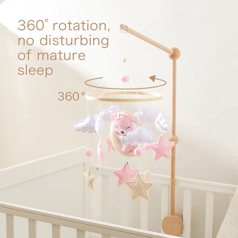 Crib Mobile Baby Wooden Bed Bell Baby Rattles Soft Felt Cartoon Bear Toys Hanger Crib Mobile Bed Bell Wood Toy Bracket Kid Gifts