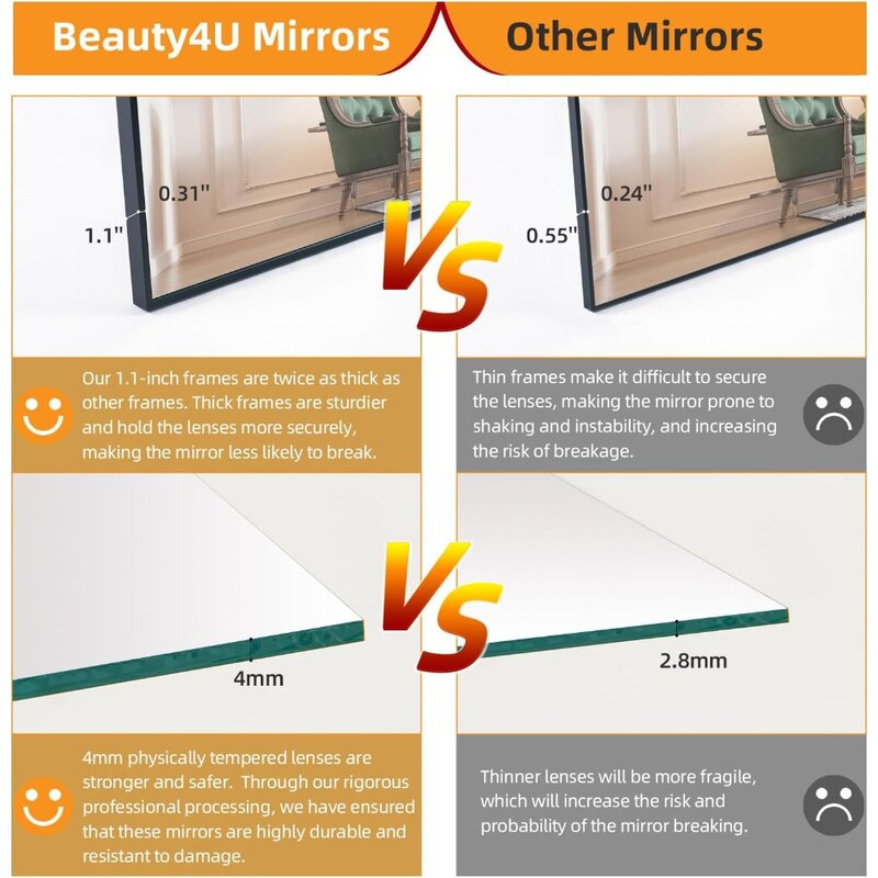 Floor-to-ceiling vanity mirror with stand, black wall-mounted full-length mirror, metal frame full-length tempered mirror