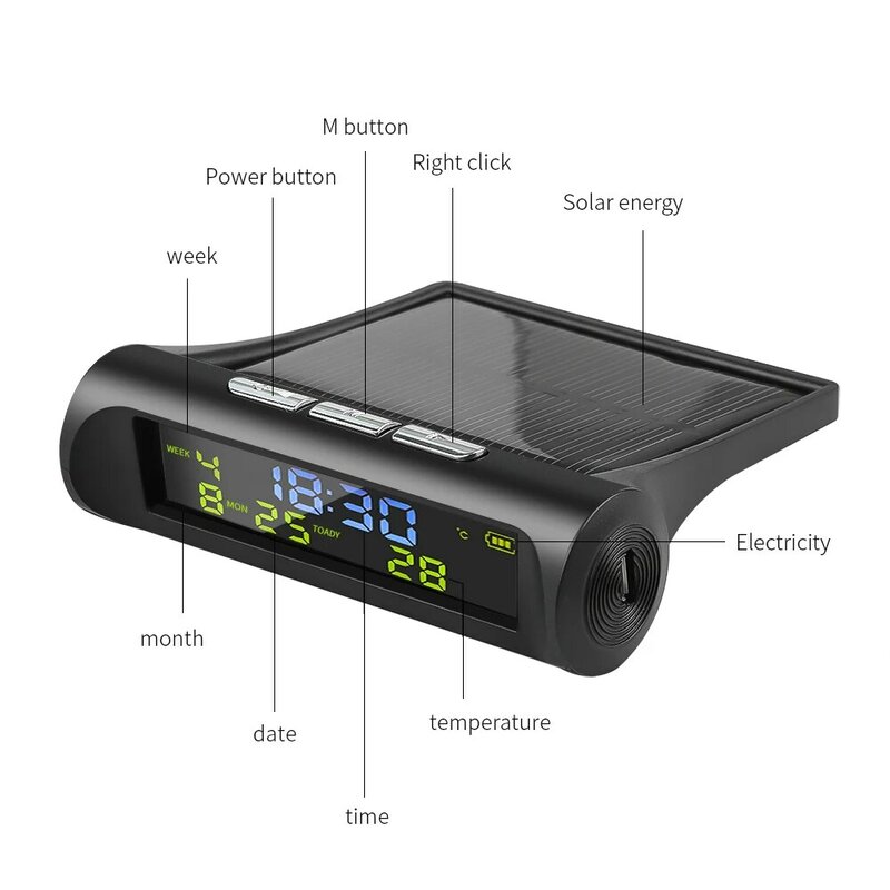 Reloj Digital Solar para coche con pantalla LCD, hora, fecha, temperatura, decoración Personal al aire libre, accesorios para coche