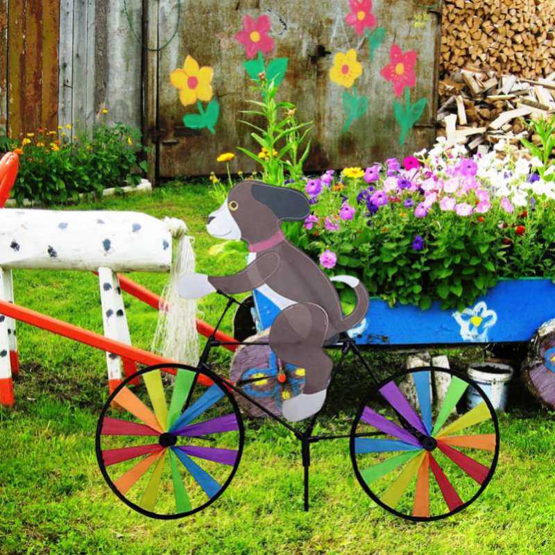 Cat Dog on Bike mulino a vento fai-da-te 3D animale bicicletta vento Spinner vortice giardino prato gadget decorativi giocattoli da esterno per bambini