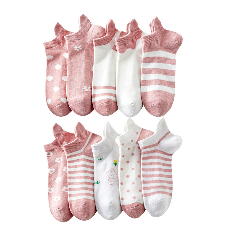 Cute Stripe Print Socks para mulheres, tubo baixo, macio, respirável, boca rasa, barco, curto, legal, moda, primavera, verão, 10 pares