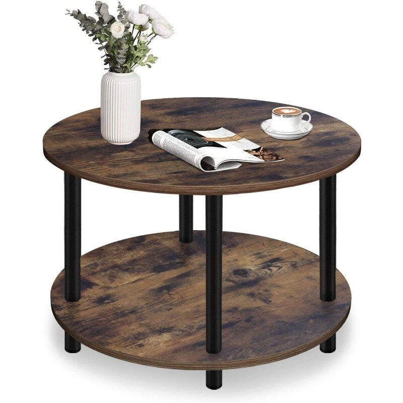 Small Round Coffee Table for Small Space, 23.5" 2-Tier Rustic Brown Wooden Coffee Table with Open Storage for Living
