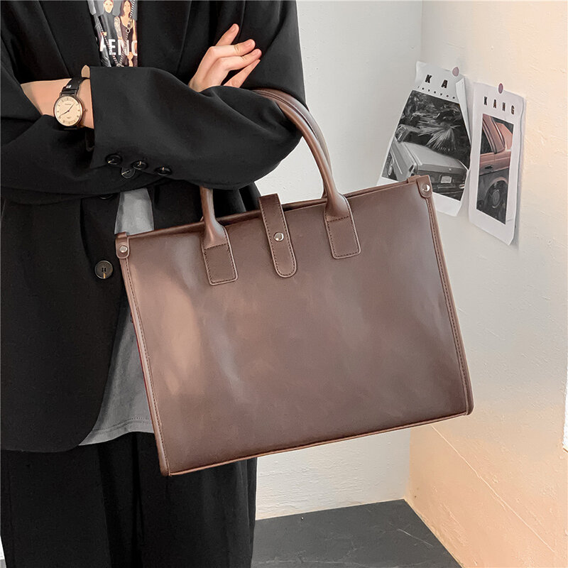 PU Leather Briefcase Bag For Men Crazy Horse Executive Laptop Office Executive Handbag Tote Business Document Vintage Bag