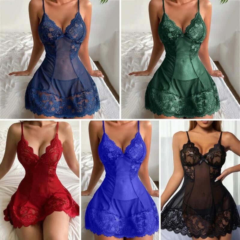 Women Lace Nightgown Elegant Lace Patchwork Nightgown for Women V Neck Spaghetti Strap Sleepwear Dress Slim Fit Backless Above