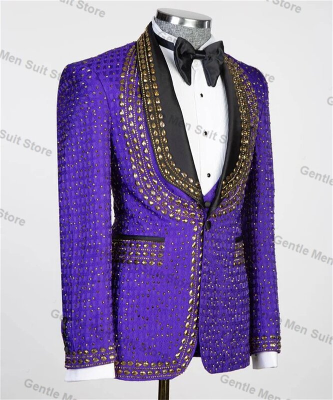 Jacquard Purple Men Suits Set 2 Piece Blazer+Pant Crystal Prom Groom Wedding Tuxedo Coat Custom Size Formal Office Jacket Outfit