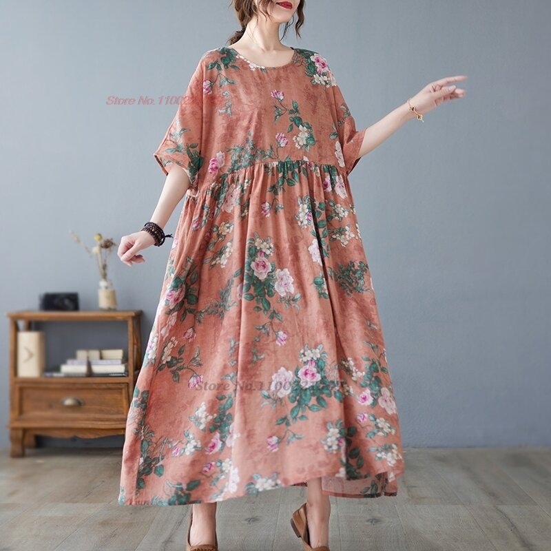 Robe vintage chinoise à imprimé floral, en coton et lin, col rond, traditionnelle, streetwear, trapèze, 2024