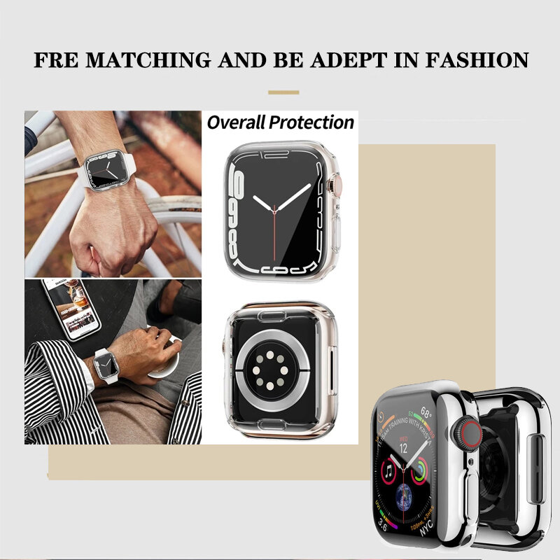 Protetor de Tela para Apple Watch, 45mm, 41mm, 44mm, 40mm, 42mm, 38mm, Full TPU Bumper Cover, Acessórios para Iwatch Series 9, 8, 7, SE, 6, 3
