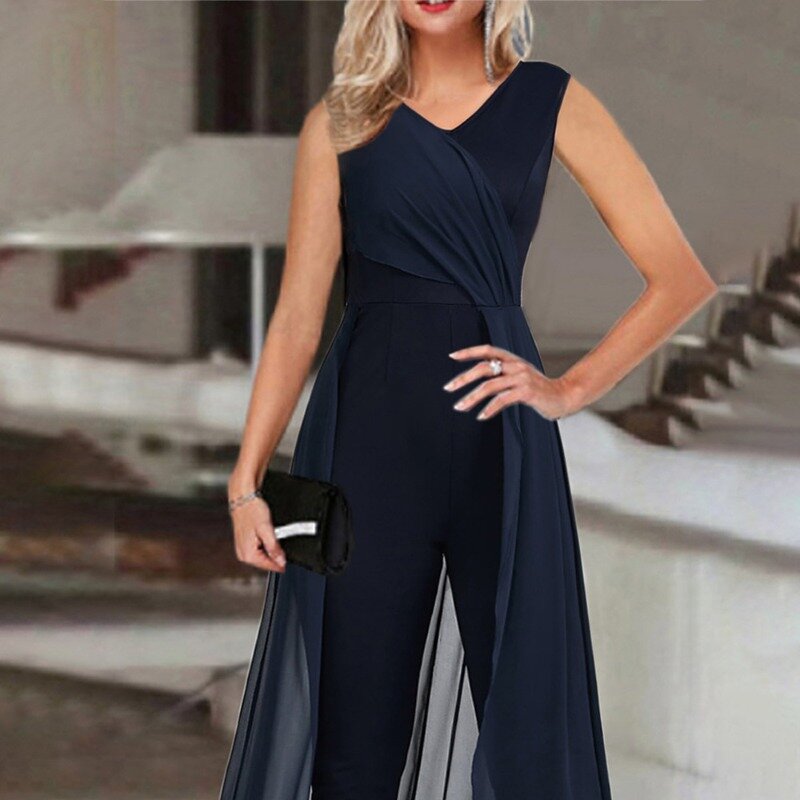 Summer Casual Sleeveless Jumpsuit for Women Clothing Romper Solid Color Jumpsuits Female V-Neck Chiffon High Waist Pants Rompers