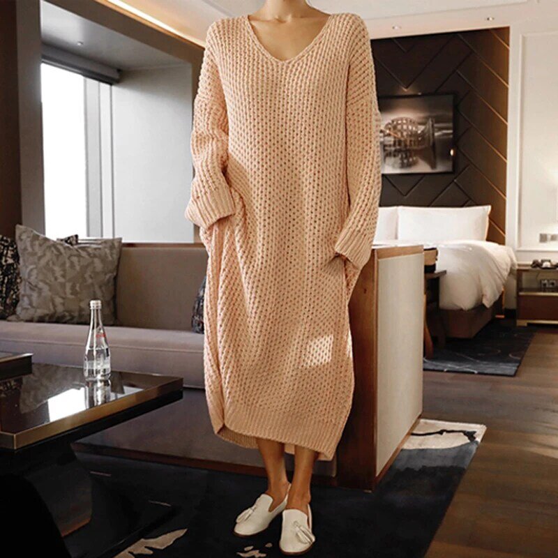 Women's Batwing Sleeves Women's V-neck Loose Knit Pullover Dress Chic Fashion Oversized Autumn and Winter Long Sweater Dress