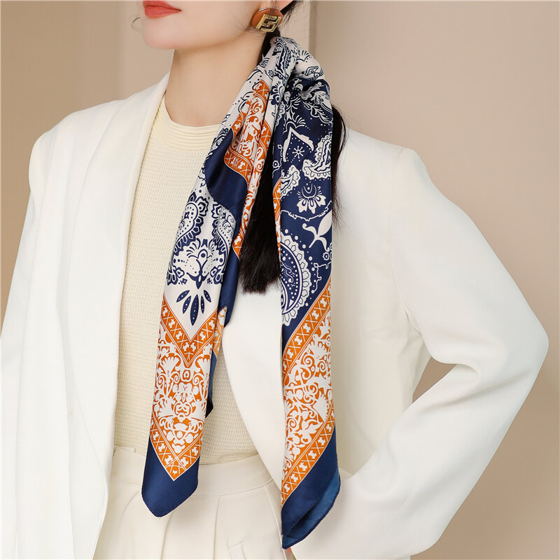 Lenço de sarjado estampado de luxo feminino, elegante lenço, gravata grande para pescoço, faixa de cabelo feminina, bandana de pulso, Foulard Hijab, 90x90cm, 2022