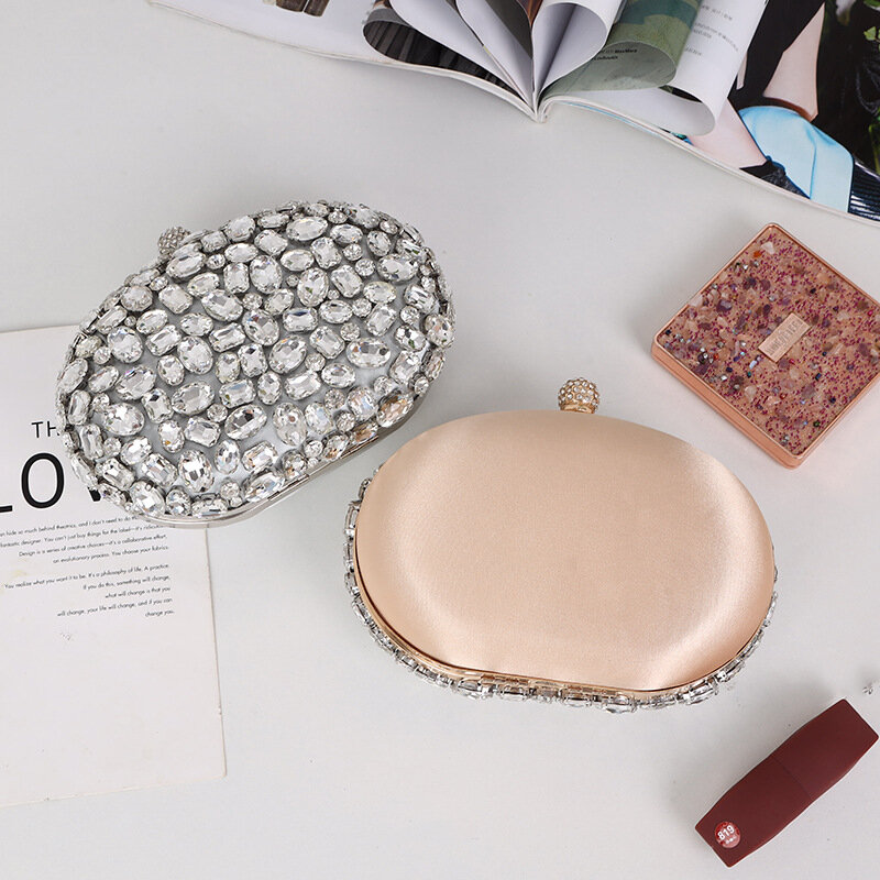 Вечерняя Женская сумочка овальной формы с кристаллами и бриллиантами, женский клатч с верхней ручкой для свадьбы, вечеринки, кошелек, женская сумка-мессенджер на плечо с цепочкой