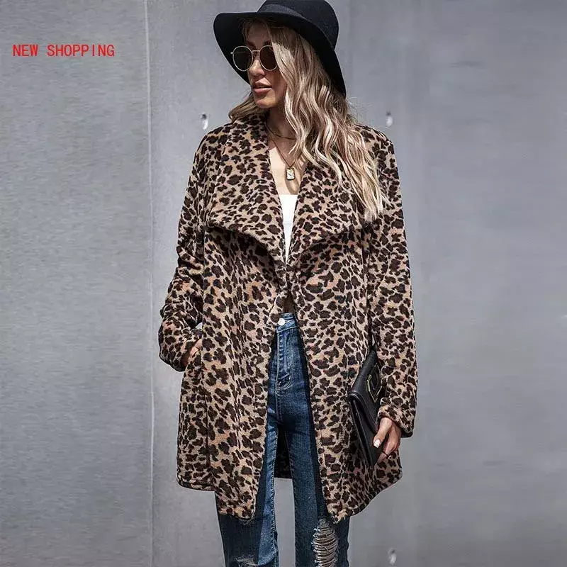 Abrigo de peluche de leopardo para mujer, Chaqueta larga mullida de piel sintética con solapa, gruesa y cálida, otoño e invierno, novedad