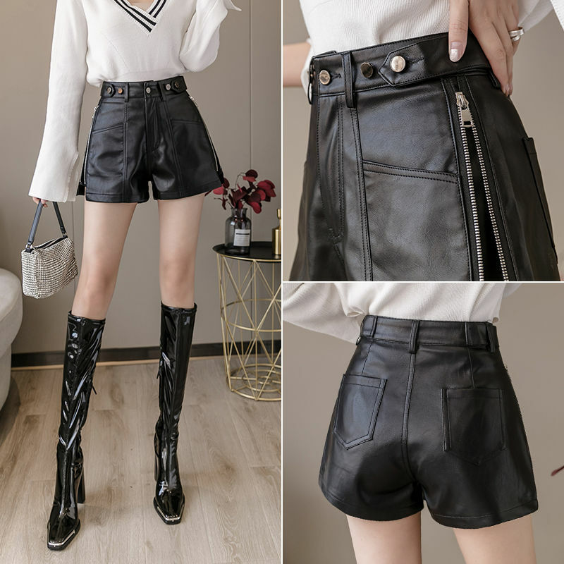 Short noir en similicuir PU pour femme, taille haute, jambe large, pantalon court, fermeture éclair latérale, automne, hiver