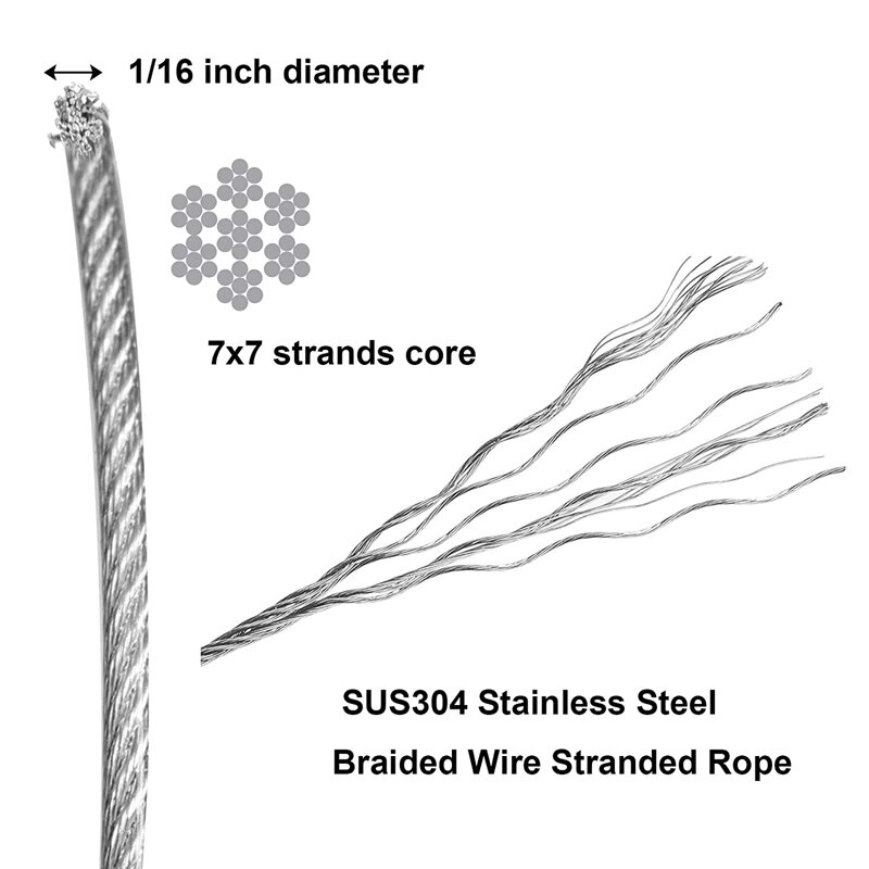 ステンレス鋼ワイヤーロープケーブル、トレリス、飛行機ケーブル用ケーブル、1、16インチx 500フィート