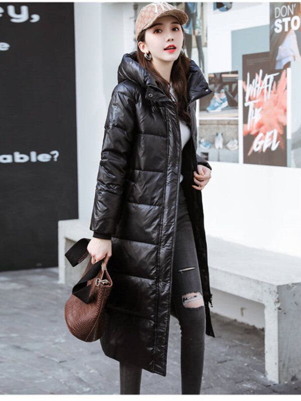 Jaket panjang bertudung untuk wanita, jaket katun parka ramping bertudung hangat musim dingin 2023, mantel overcoat hitam wanita