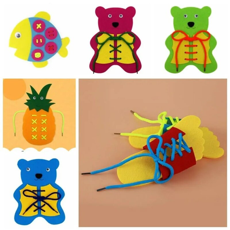 Cordones de lazo de enseñanza no tejidos, juguete de aprendizaje Montessori, oso Multicolor, habilidades para hacer ejercicio, pez, bebé
