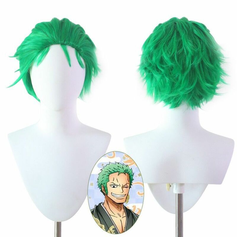 Anime pirat, Zoro, zielona krótka włosy, włosy z darni, opaska z dużym włóknem na plecach peruki syntetyczne Pelucas do codziennego użytku