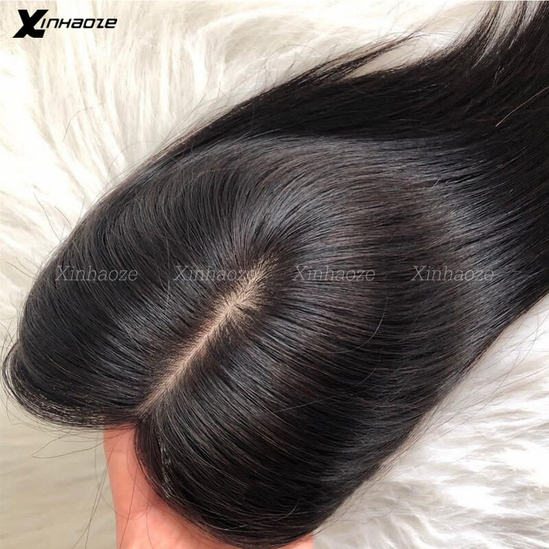Topper reto feito à mão para mulheres, cabelo humano, Toppers com pedaços de cabelo, capa branca, couro cabeludo natural fino, tamanho grande, 13x15cm