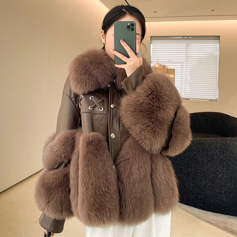2022 nuove giacche di pelle da donna di lusso cappotti invernali in vera pelliccia di volpe cappotti antivento in vera pelle di pecora calda moda FL3757