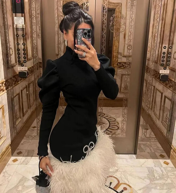 Black High Neck Celebrity Cocktail Dresses 2024 Long Sleeves Feathers Sexy Short Night Club Arabic  Party Prom Gowns