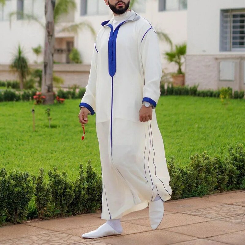 Robe muçulmano liso para homens, camisa slim-fit, branca