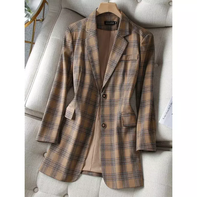 Blazer xadrez casual para mulheres, manga comprida, peito único, jaqueta solta para senhoras do escritório, roupa de trabalho, cinza café