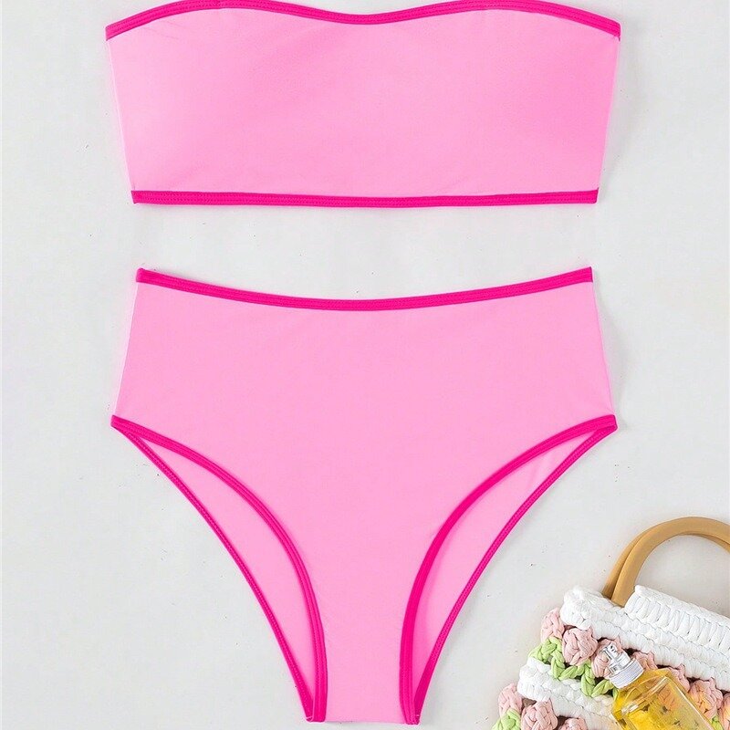 Женский сексуальный спортивный комплект бикини-бандо, розовые купальные костюмы, купальник с высокой талией, купальный костюм из двух предметов, пляжная одежда, бикини