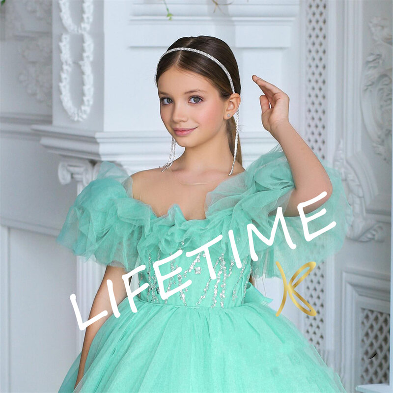 초록색 꽃 소녀 드레스, 스팽글 공주, 푹신한 웨딩 파티 드레스, 첫 성찬식 가운, 소녀 생일 드레스