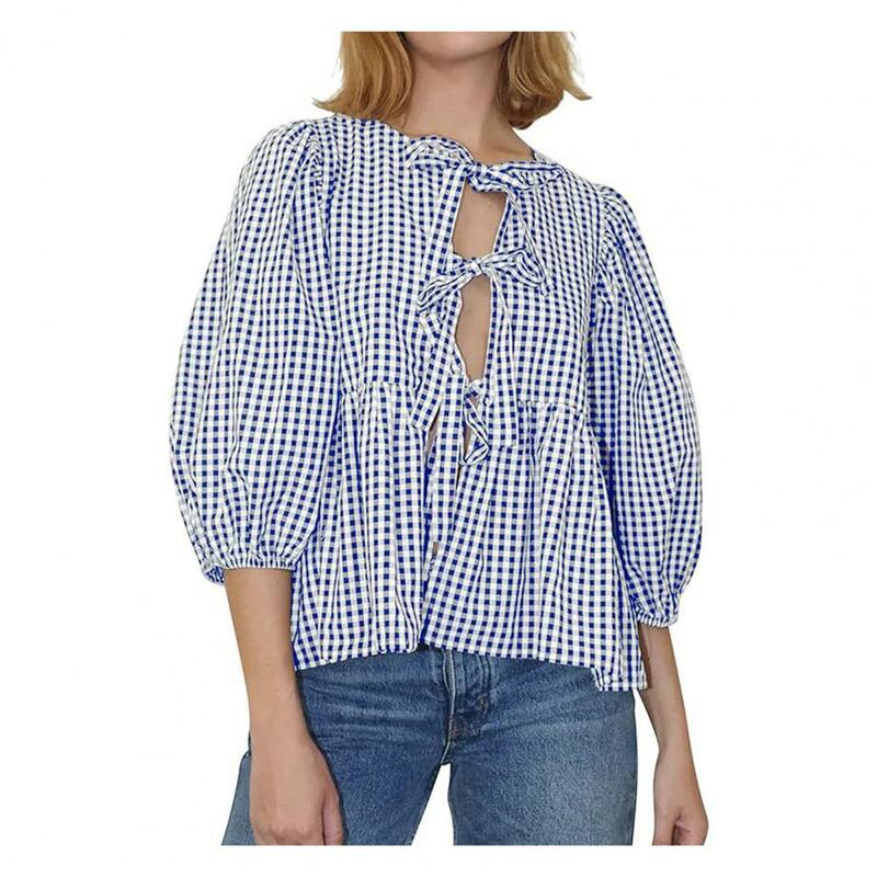 Women Plaid Print Shirt Plaid Print Loose Fit Shirt Tops for Women O-neck 3/4 Sleeve Top with Front Tie Streetwear Spring Summer