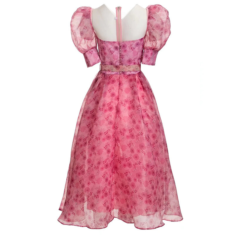 Vestido de manga folhada feminino com faixas estampadas com flor rosa, elegante, feriado, festa, passarela, verão, nova moda