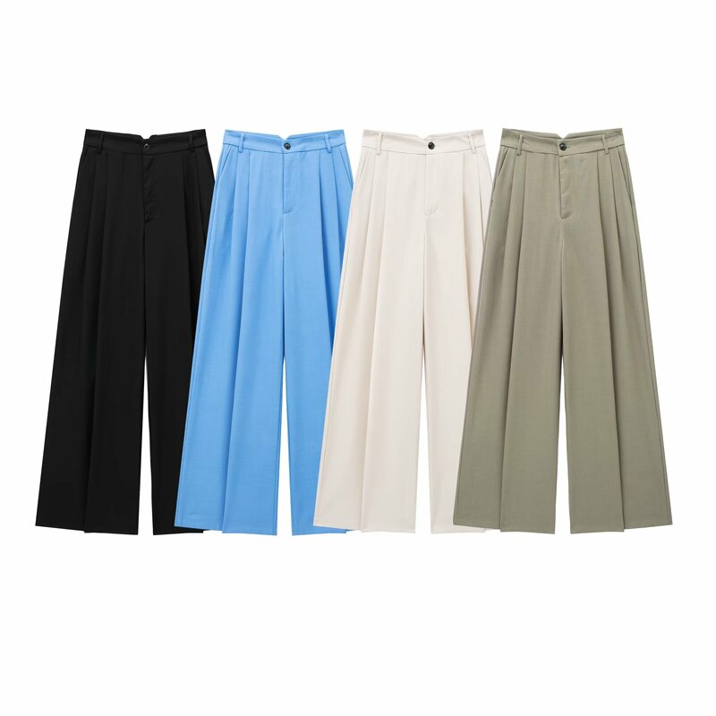 Новинка 2024, модные разноцветные Свободные плиссированные брюки, повседневные широкие брюки в стиле ретро с высокой талией и боковыми карманами, женские брюки