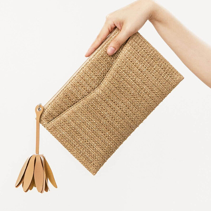 Tas tangan sedotan kasual untuk wanita, tas dompet kecil wanita musim panas pola kertas tenun untuk pesta 2024