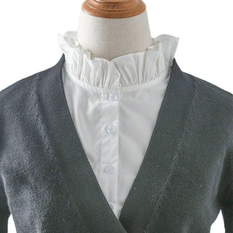 Color sólido media camisa blanca con volantes cuello falso blusa con capas desmontable Top