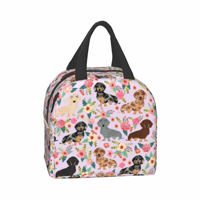 Dachshund Flowers Insulated Lunch Bag Picnic Travel Wiener Sausage Dog Portable Thermal Cooler Bento Box Kids School Lunch Bags