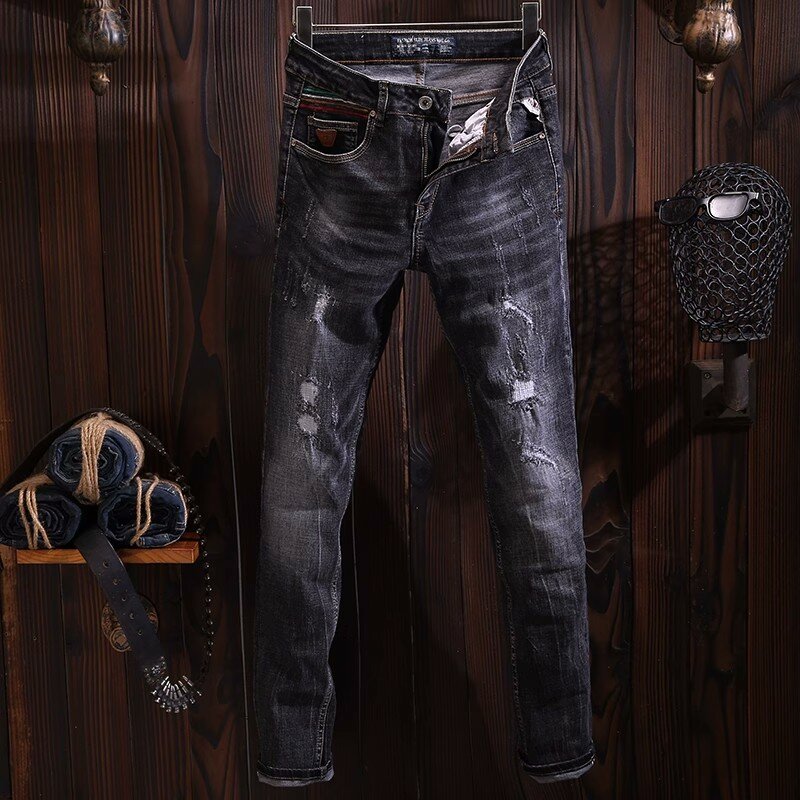 Włoski styl modne dżinsy męskie niebieskie w stylu Retro elastyczny Slim Fit porwane jeansy mężczyźni spodnie w stylu Vintage Casual projektant spodnie dżinsowe Hombre