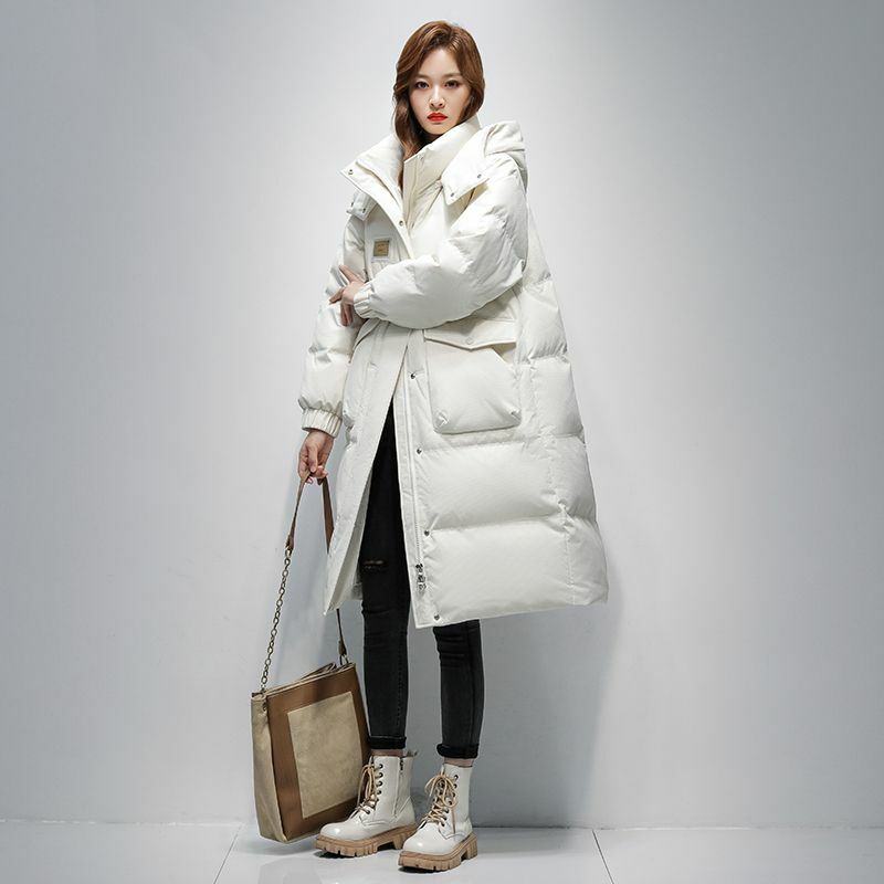 여성용 다운 재킷 코트, 두꺼운 여성용 롱 버전, 루즈 파카, 따뜻한 아웃웨어, 패션 후드 오버코트, R455