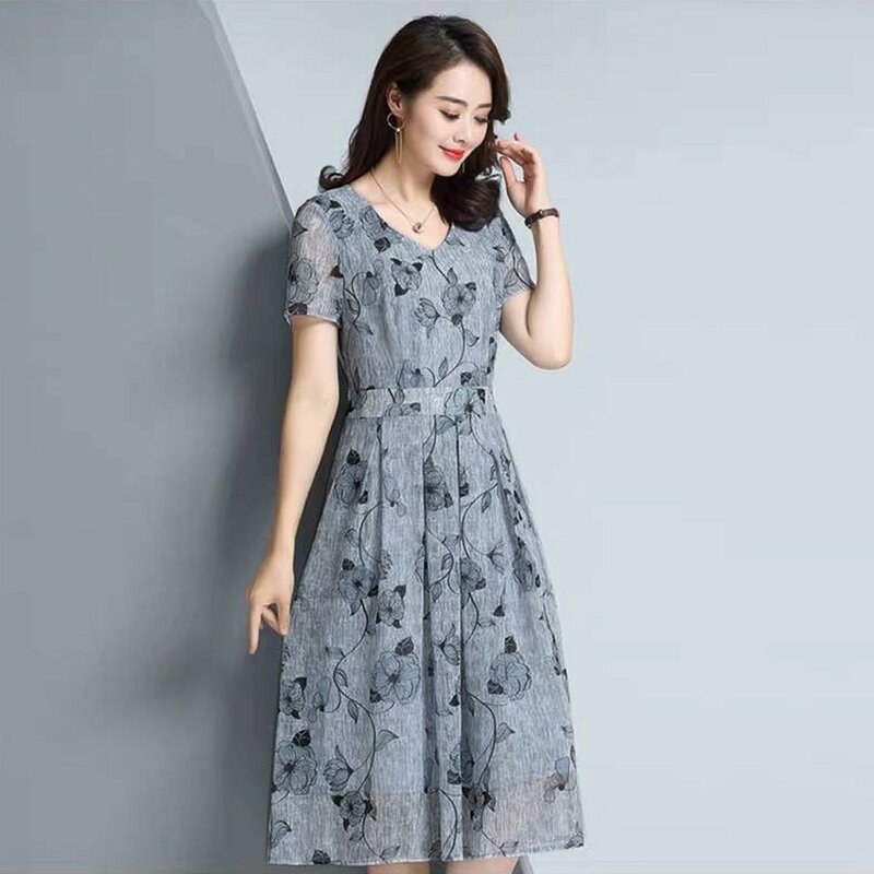 Fashion Women Casual Floral Printed Sundress Summer V-Neck Short Sleeve A-Line Dress Casual Comfortable Party Long Dress Vestido