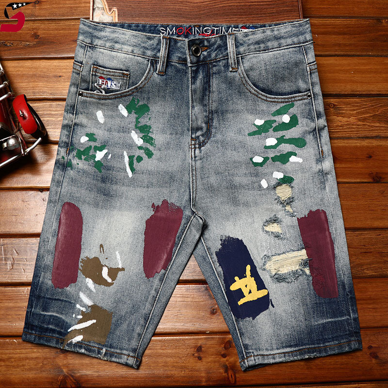 High-End and Fashionable Paint Printing Denim Shorts Men's Locomotive Style Stretch Slim Trendy Summer Ripped Cropped Pants