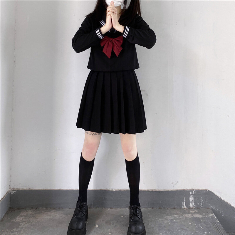 Japanse School Uniform Meisjes Plus Size Jk Pak Rode Stropdas Zwart Drie Basic Matroos Uniform Vrouwen Lange Mouw Pak