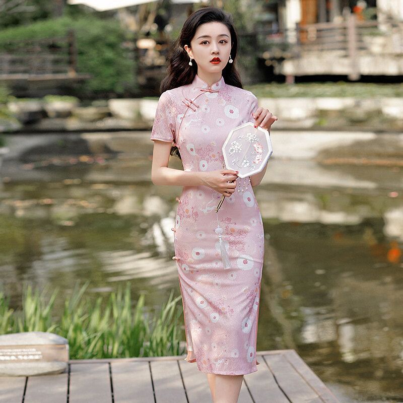 Verão novo feminino manga curta etiqueta social vestido feminino impressão elegante qipao chinês tradicional lady cheongsam