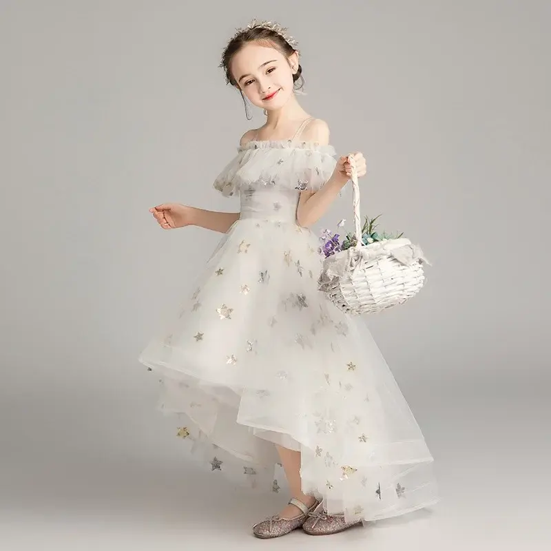 Children's Princes One Shoulder Fluffy Gauze Little Girl Fashionable Flower Girl Wedding Dress Host Piano Performance