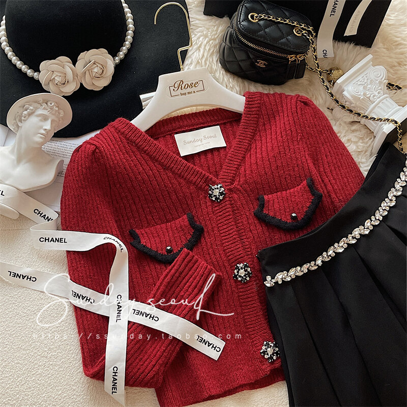 여성 의류 빨간 스웨터 주머니, v넥 긴 소매 단추 구슬 장식 슬림 니트 가디건 스웨터 니트 재킷, 여성 상의