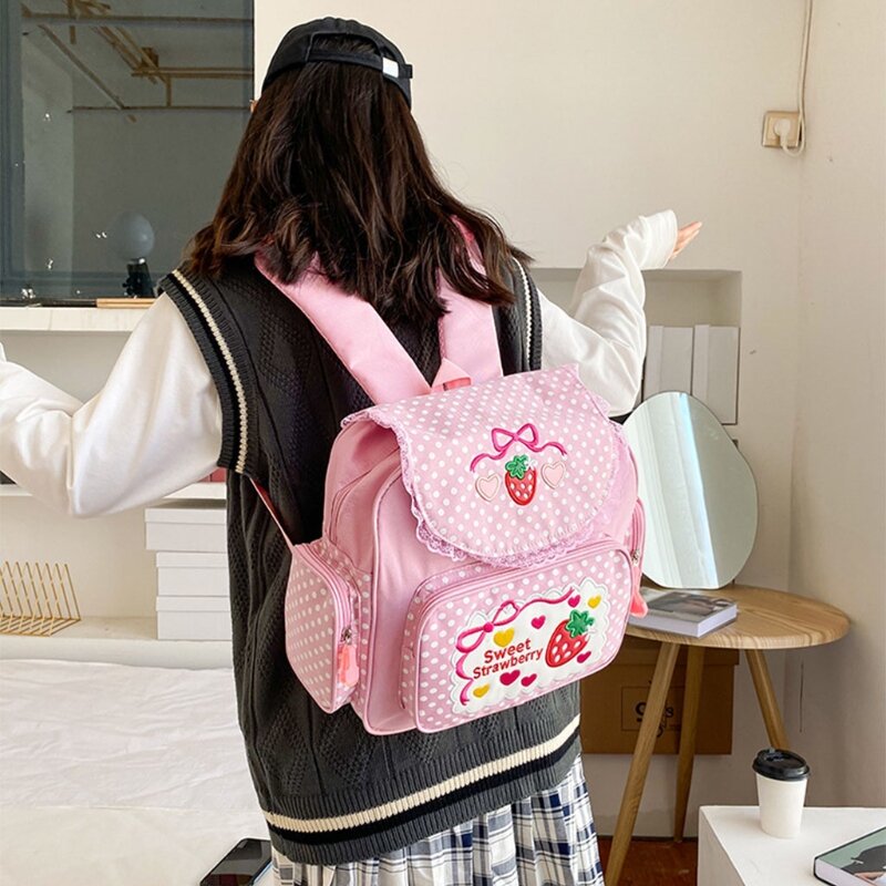 Mochila escolar con bordado fresa para niña, mochila escolar para niños, estudiantes y niñas