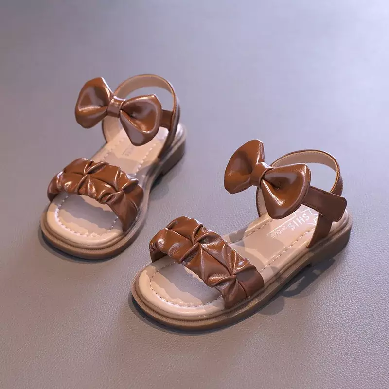 Summer Kids Flat Sandals Solid Color Causal Princess Shoes Girl Elegant Pleated Bowtie Children Fashion Open-toe Beach Sandals