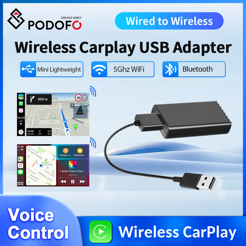 Podofo-オリジナルのCarplayミニワイヤレスアダプター,wifiボックス,USB, Bluetooth,音声制御
