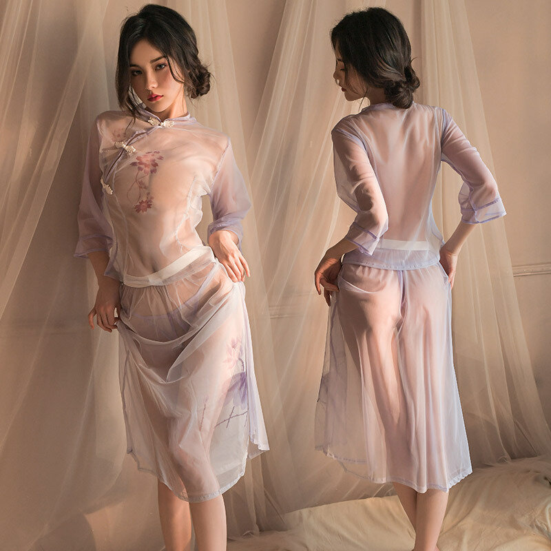 女性のための透明なドレス,エロティックなランジェリー,レトロなqiPao,ナイトウェア,ロングスカート,3色