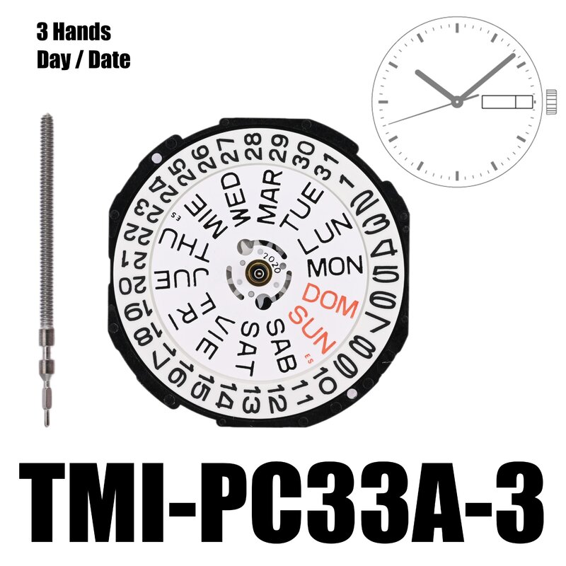 Movimento Dual Calendar, PC33, TMI-PC33A, 3 mãos, dia e data, tamanho 10, altura 4.15mm