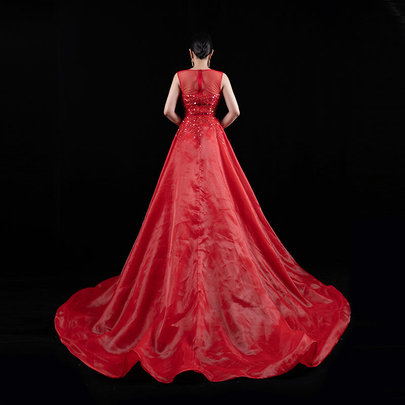 Baisha gaun malam merah jamuan gaun pernikahan tanpa lengan Fashion manik-manik buatan tangan berat dapat dilepas gaun pas badan kustom H656